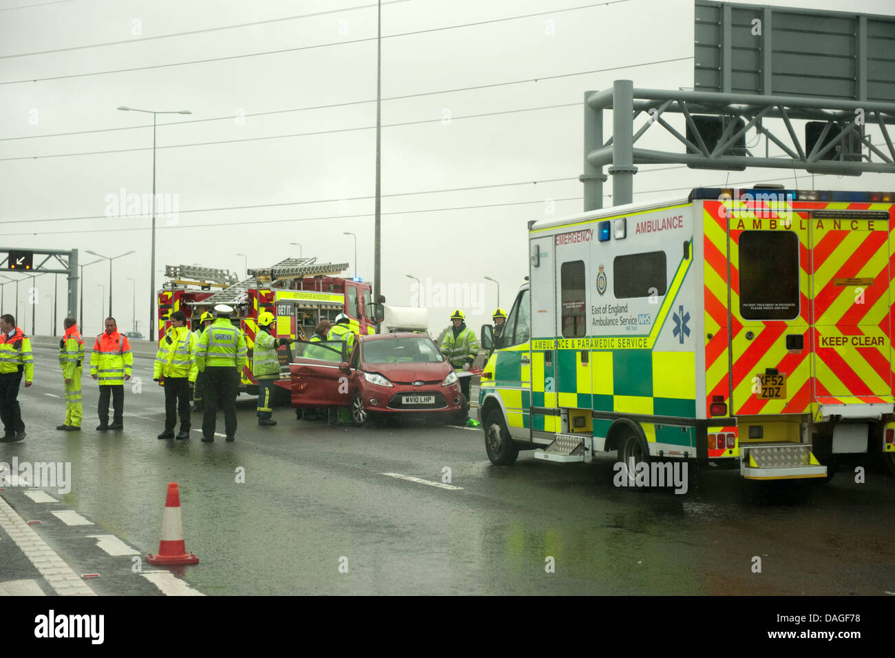 Motorway car crash wet rain UK RTA RTC Stock Photo Alamy