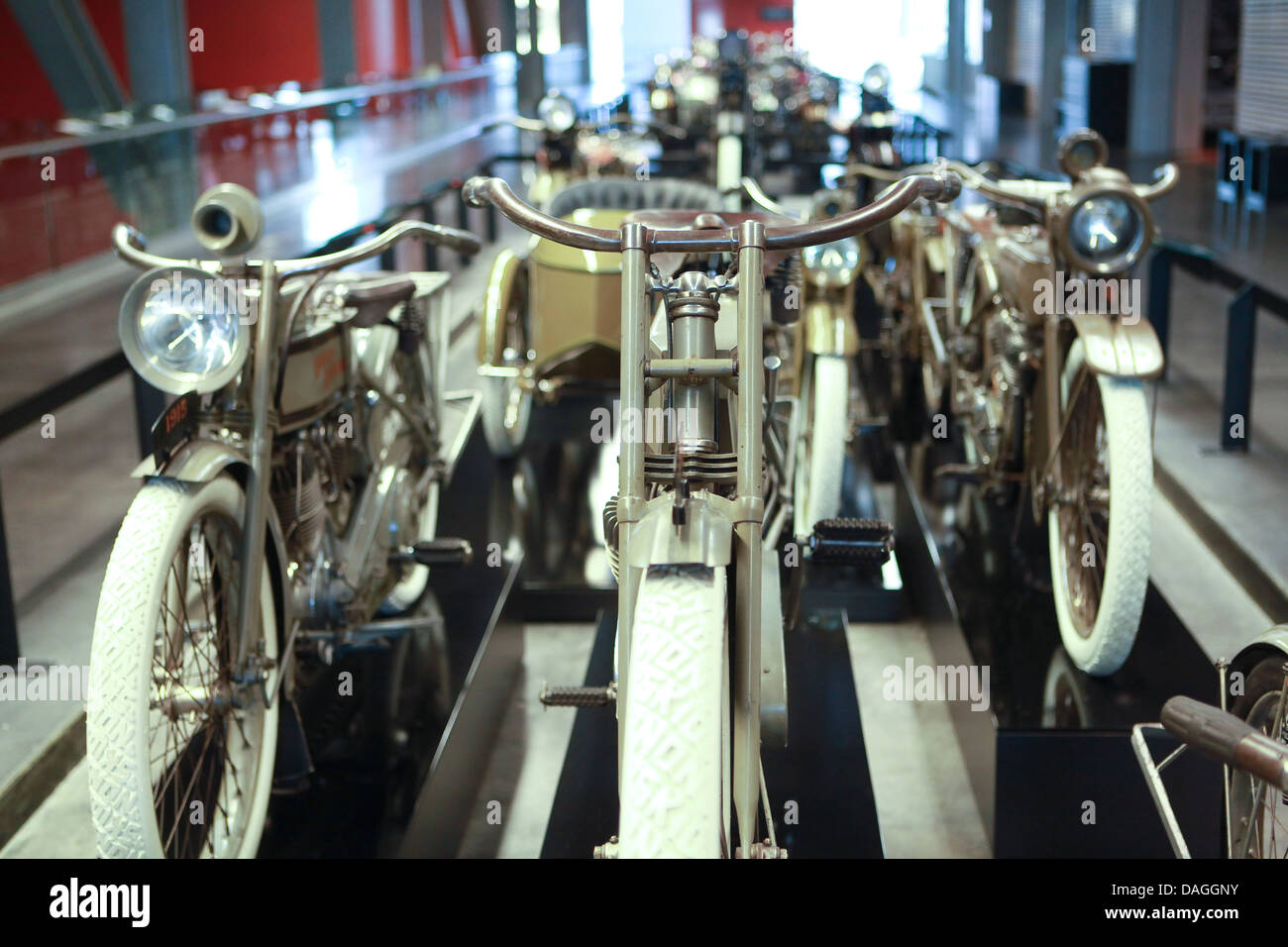 1900' Harley-Davidson motorcycles are seen on display at the Harley-Davidson museum in Milwaukee, Wisconsin Stock Photo