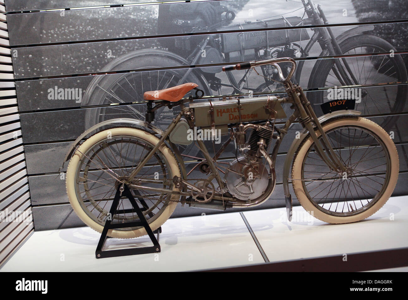 A 1907 Harley-Davidson motorcycle is seen on display at the Harley-Davidson museum in Milwaukee Stock Photo