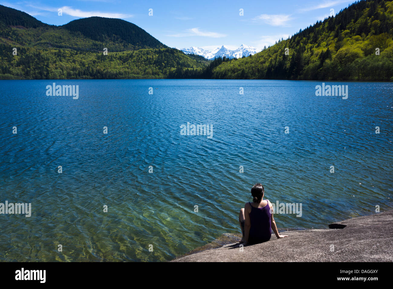 A girl enjoys the view over Hicks Lake. Sasquatch Provincial Park