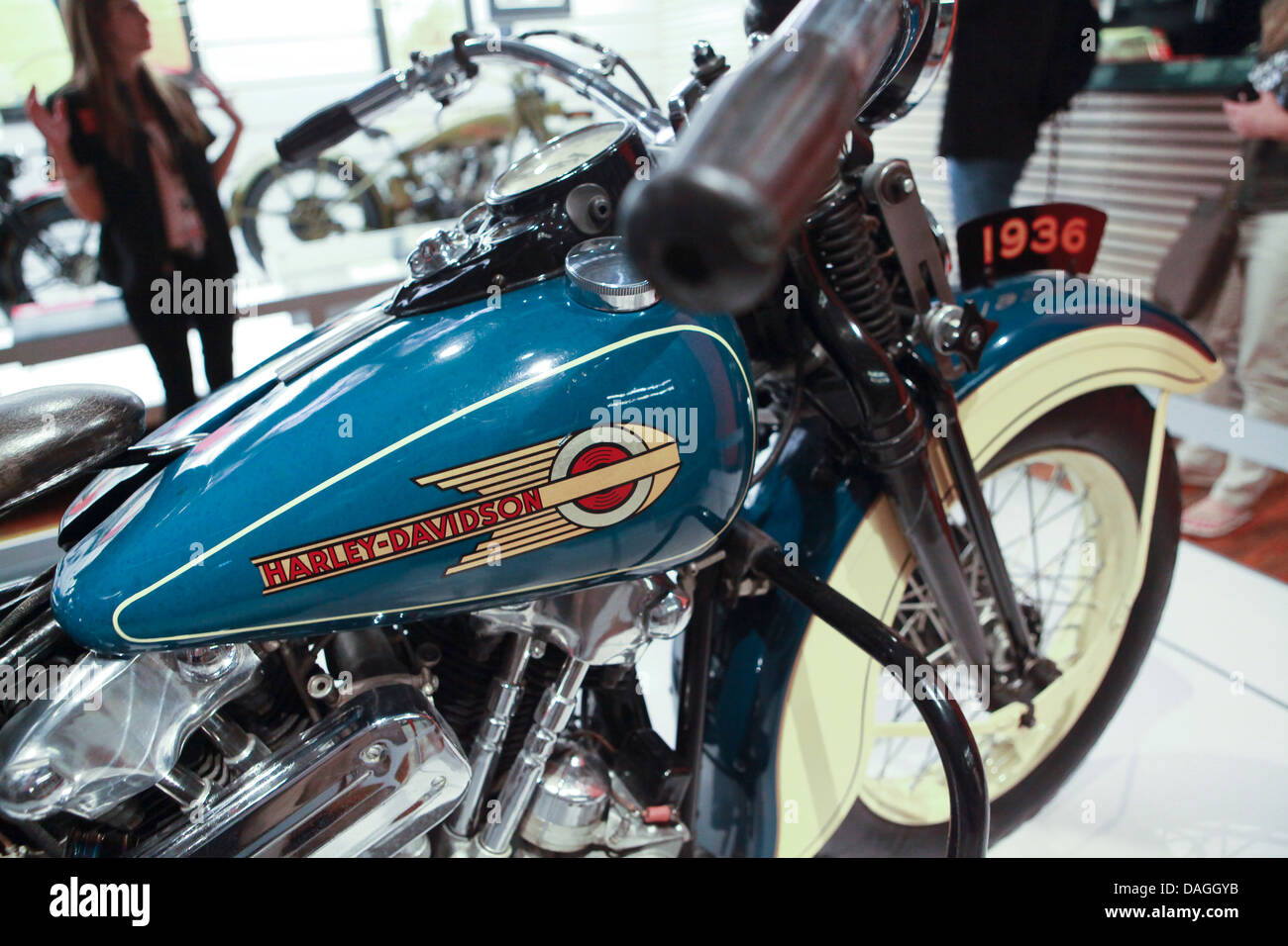 A 1936 Harley-Davidson motorcycle is seen on display at the Harley-Davidson museum in Milwaukee Stock Photo