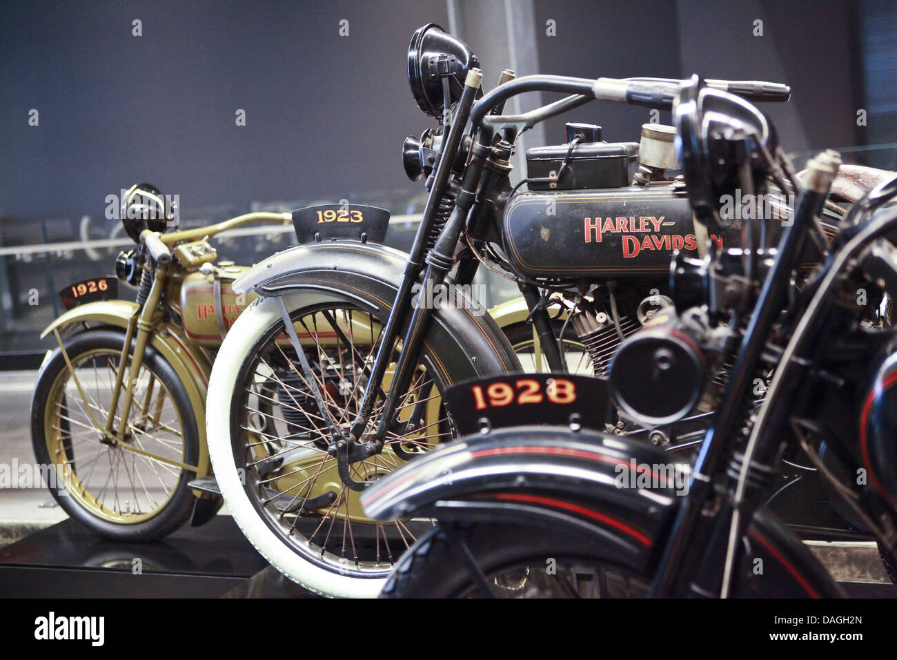 Vintage Harley-Davidson motorcycles are seen on display at the Harley-Davidson museum in Milwaukee Stock Photo