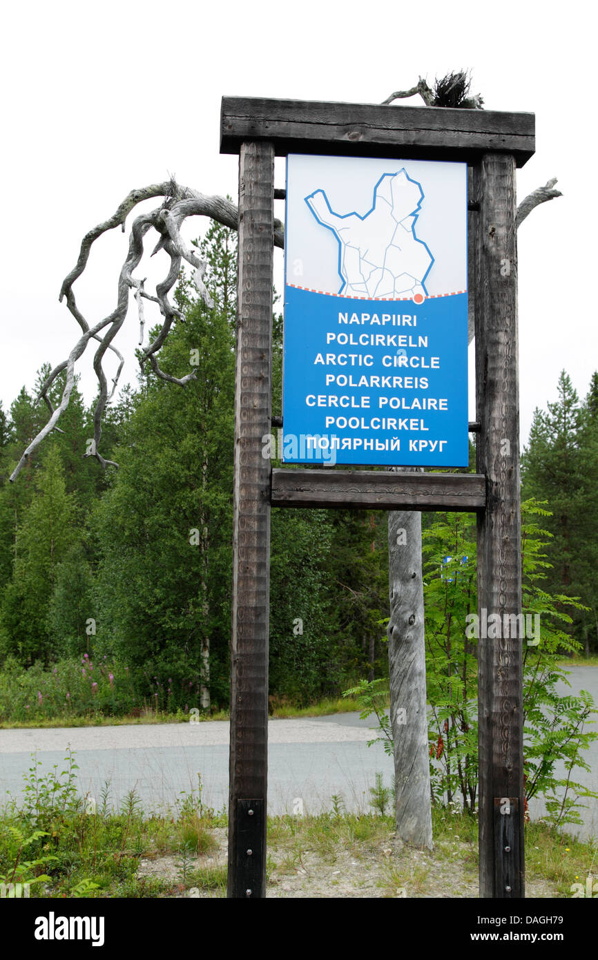 Arctic Circle roadside sign outside of the Hautajärvi Visitor Center, north of the Oulanka National Park, Finland Stock Photo