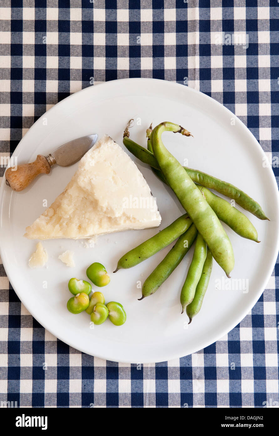 Roman cuisine, Pecorino cheese with fresh broad beans, (fave beans) served in the spring, Italy Stock Photo