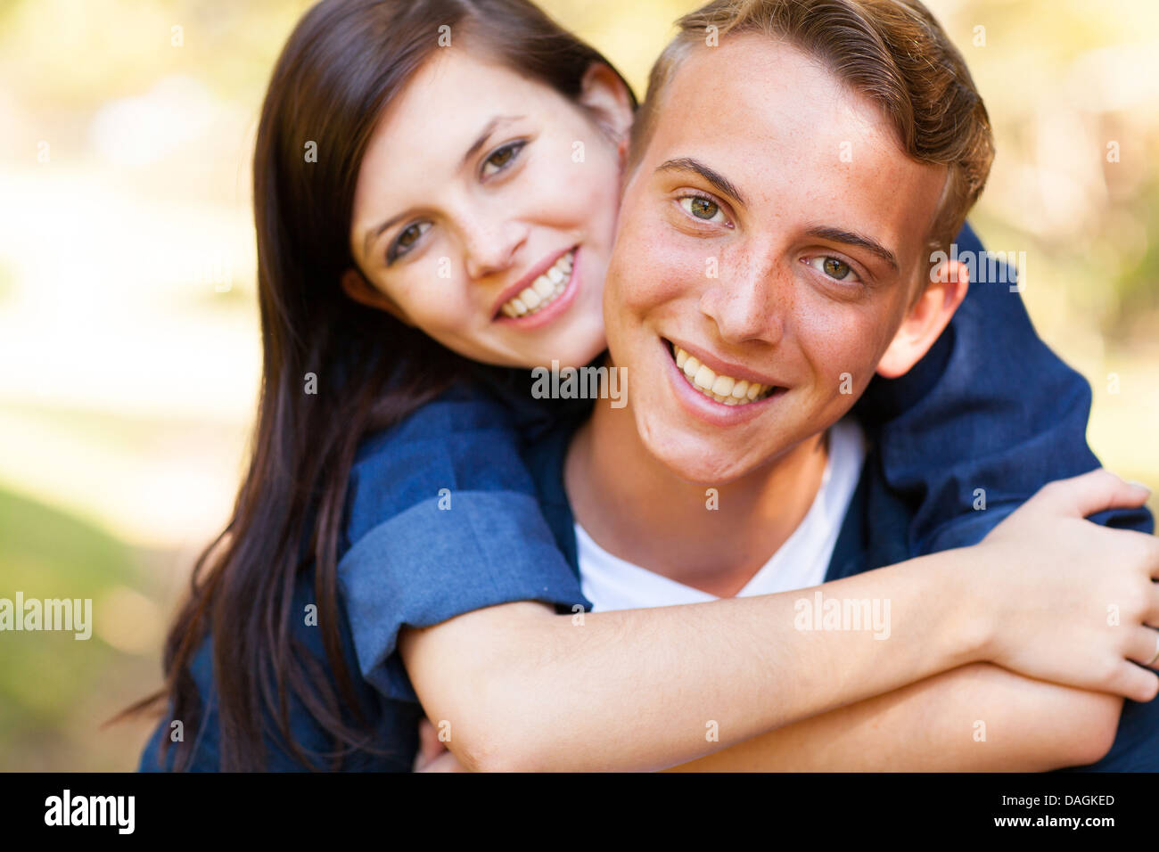 close up portrait of teenage couple enjoying summer day Stock Photo
