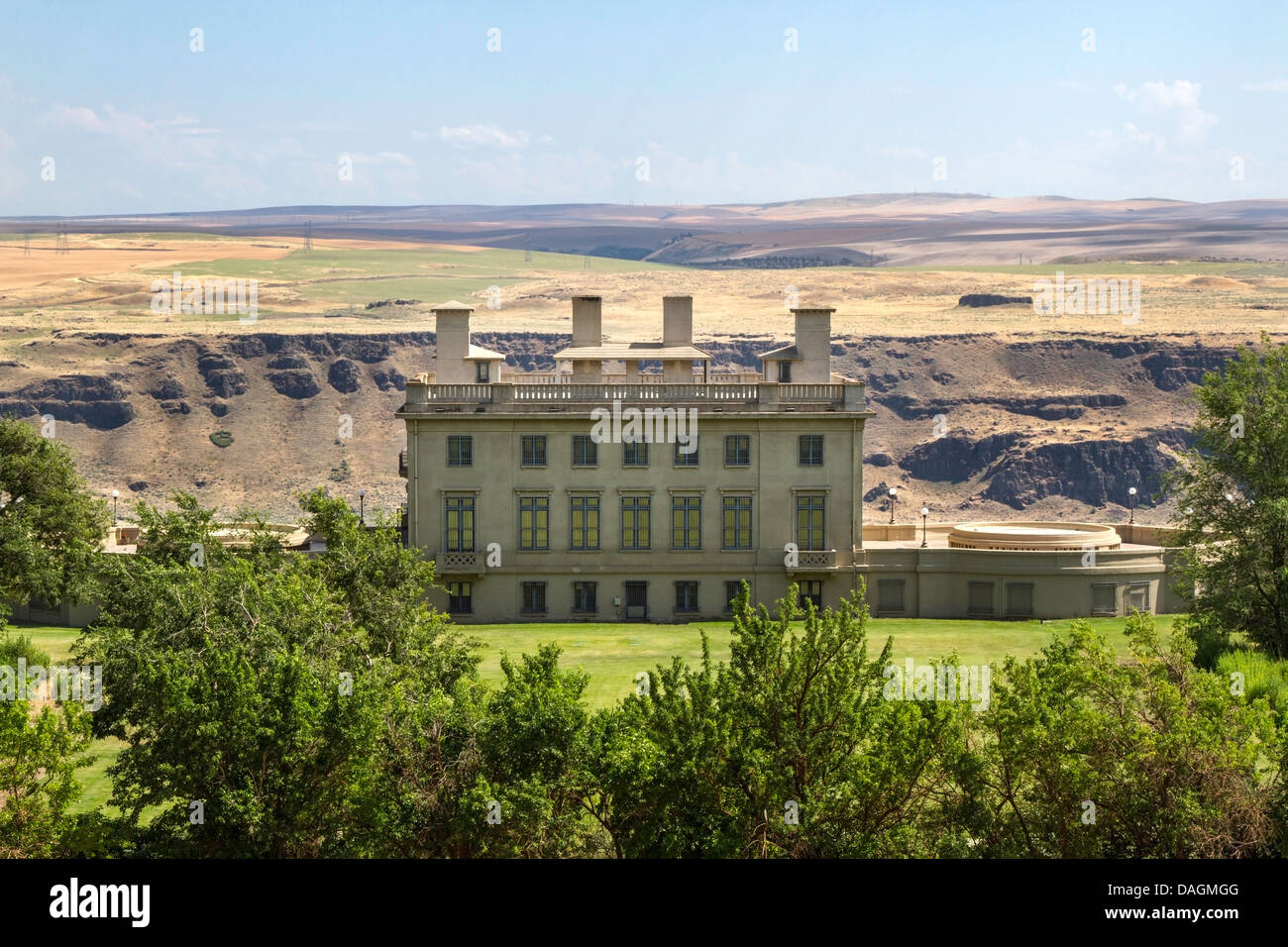 Historic Maryhill Museum of Art in the Columbia River Gorge.  Washington State in the foreground, Oregon in the background. Stock Photo