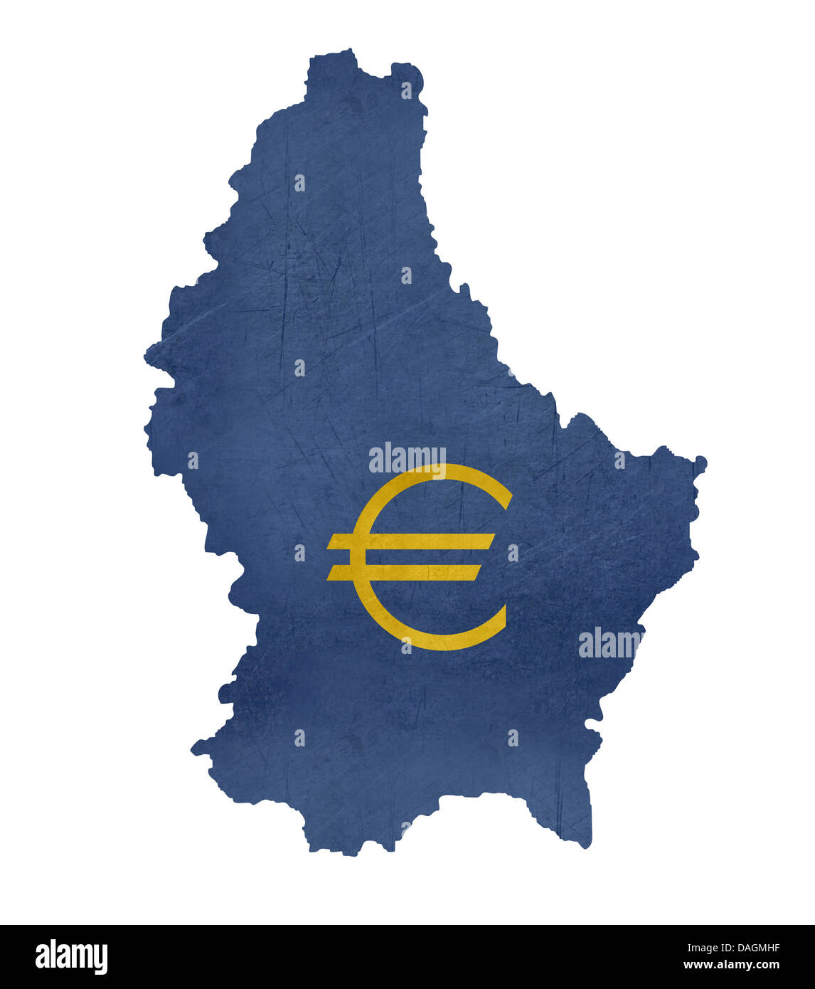 European currency symbol on map of Luxembourg isolated on white background. Stock Photo