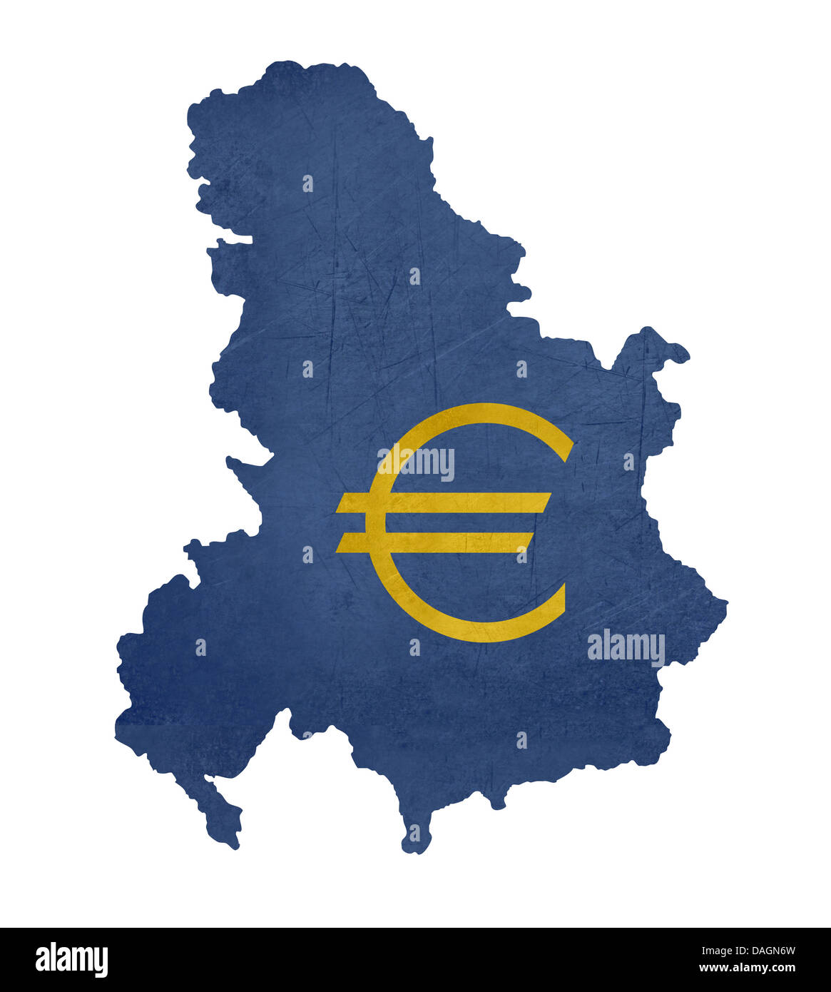 European currency symbol on map of Serbia and Montenegro isolated on white background. Stock Photo