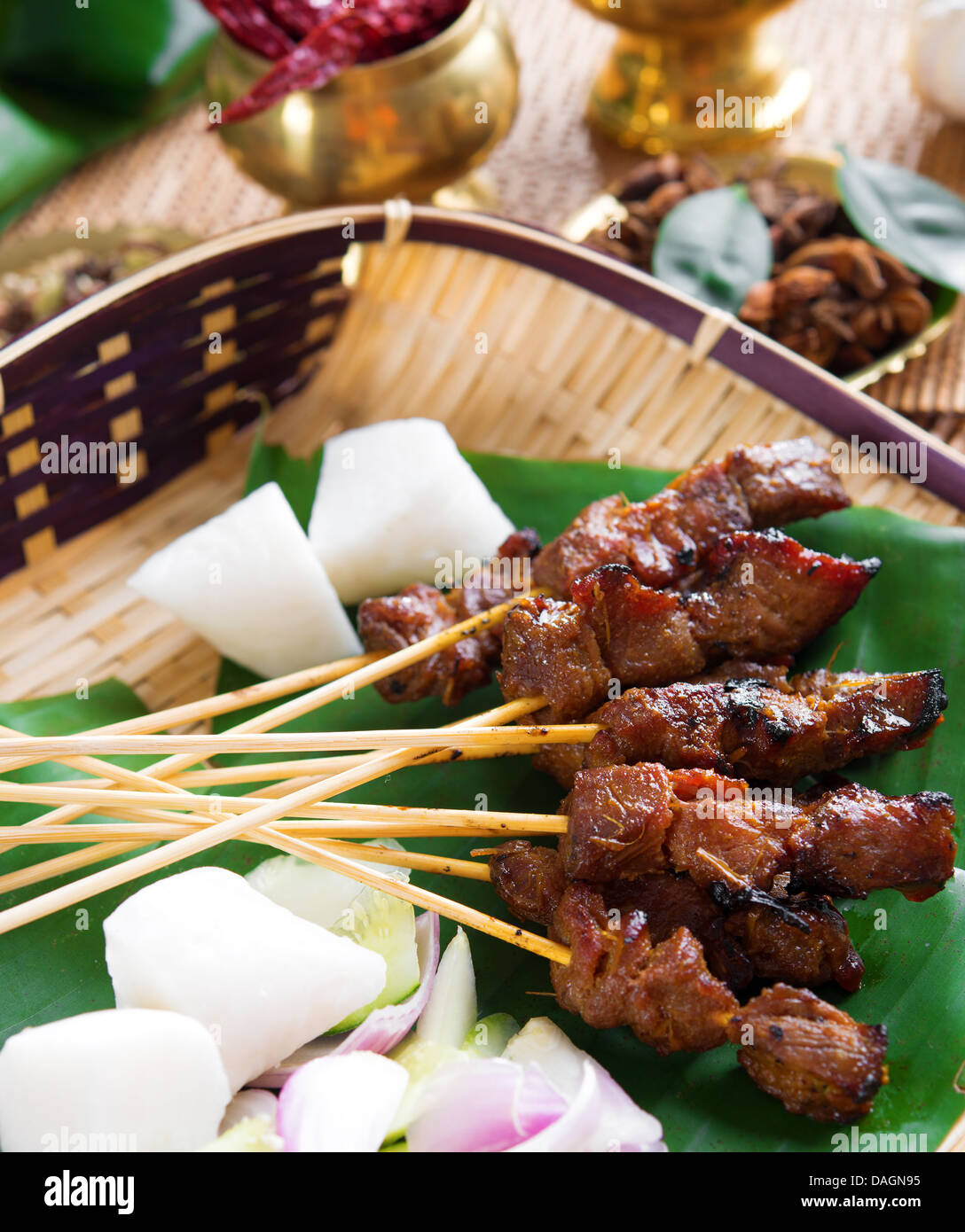 Beef satay, roasted meat skewer Malay food. Traditional Malaysia food. Hot and spicy Malaysian