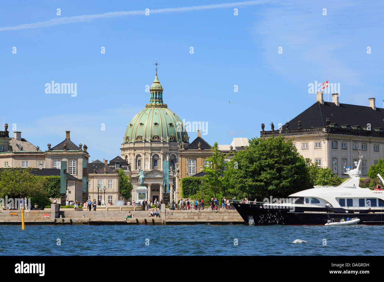 Waterfront Amaliehaven or Amalie Gardens with Royal Amalienborg Palace and Marble Church from Copenhagen harbour Denmark Stock Photo