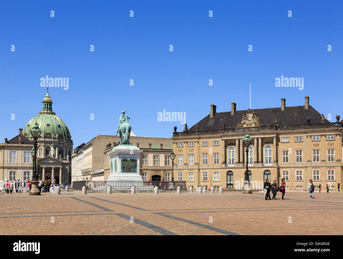 Official residence Amalienborg or Royal Palace courtyard and Marble Church in Copenhagen, Zealand, Denmark Stock Photo