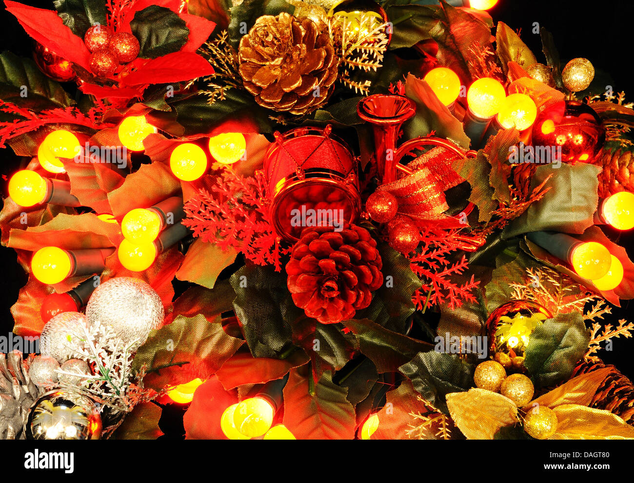 Christmas flowers and red berry lights. Stock Photo