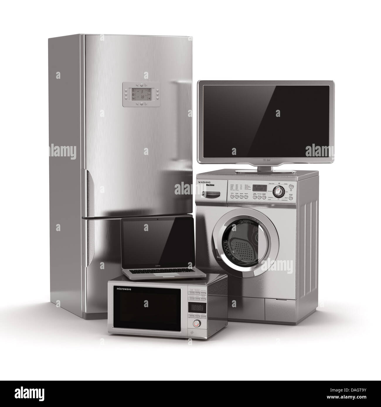 Home appliances. Tv, refrigerator, microwave, laptop and washing maching. 3d Stock Photo