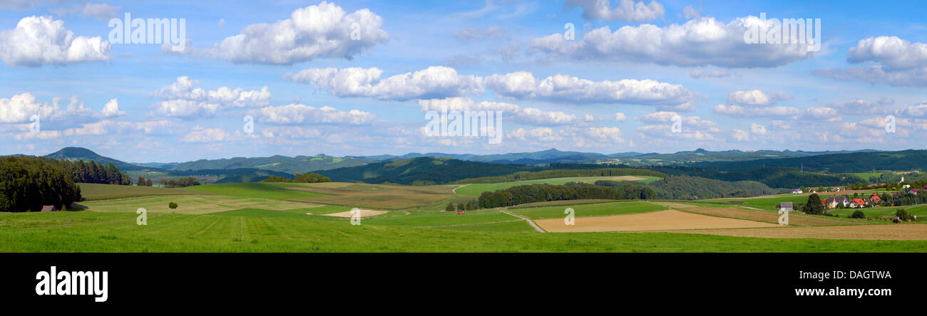 landscape of Eifel, view to Leudersdorf, Aremberg, Hohe Acht and Nuerburg, Germany, Rhineland-Palatinate, Hohe Eifel Stock Photo