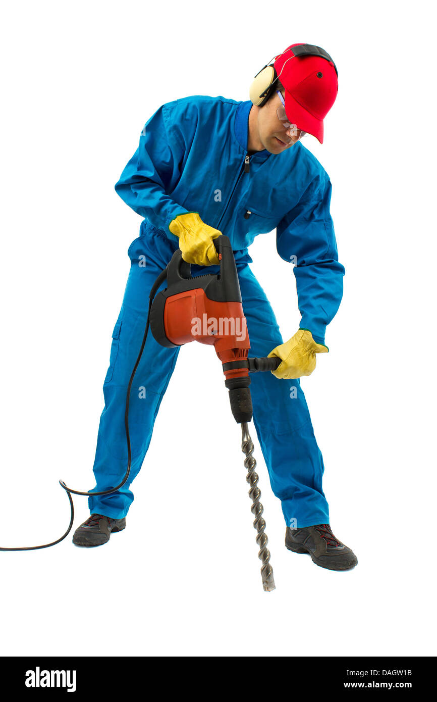 worker with hammer equipment on a white background Stock Photo - Alamy