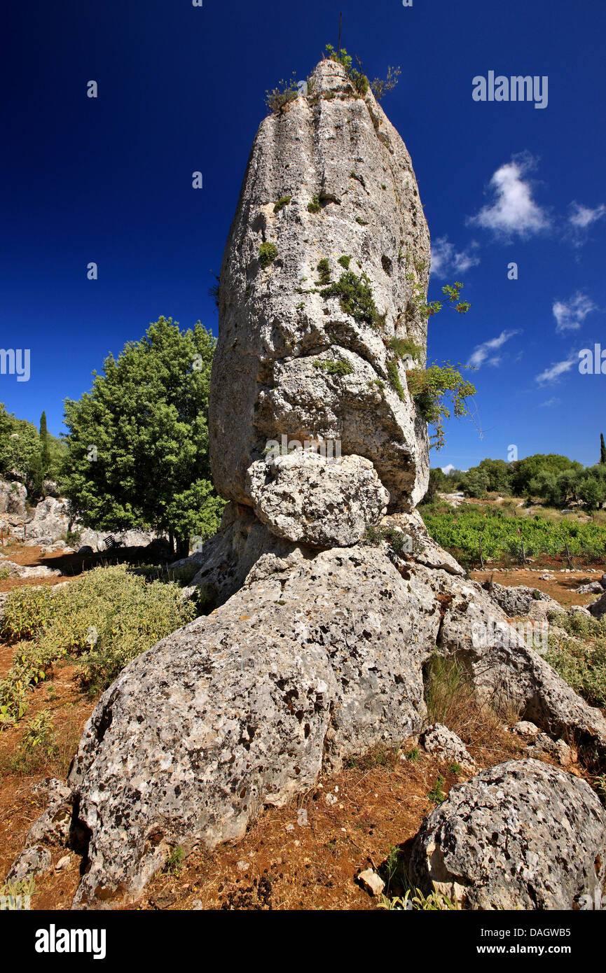 The monolith of Araklis (Hercules), the most famous among the huge monoliths of Anogi, Ithaca island, Ionian sea, Greece. Stock Photo