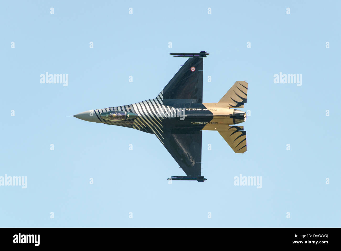 Turkish Air Force Solo Demonstration F-16 Fighter jet displays at the 2013 RAF Waddington Air Show. Stock Photo