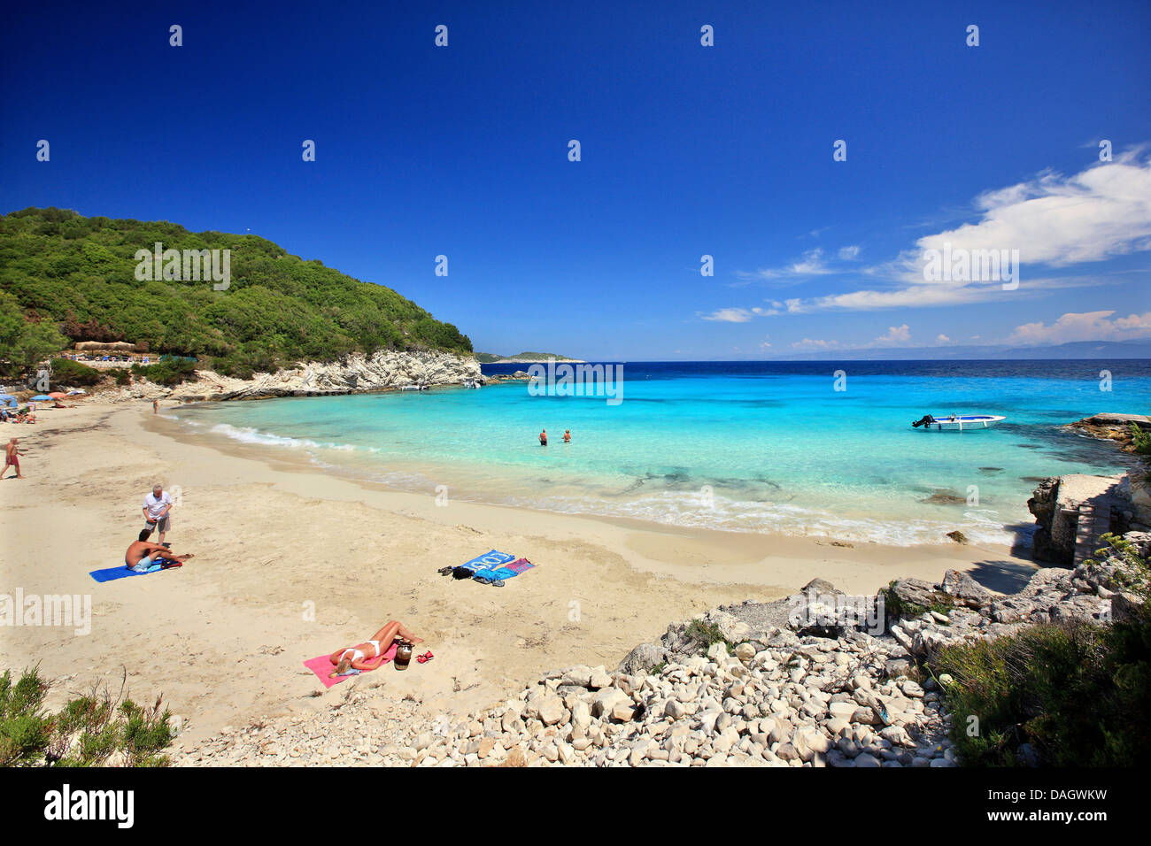The exotic Vrika beach, Antipaxos ('Antipaxi') island, Ionian Sea, Eptanisa ('Seven Islands'), Greece. Stock Photo