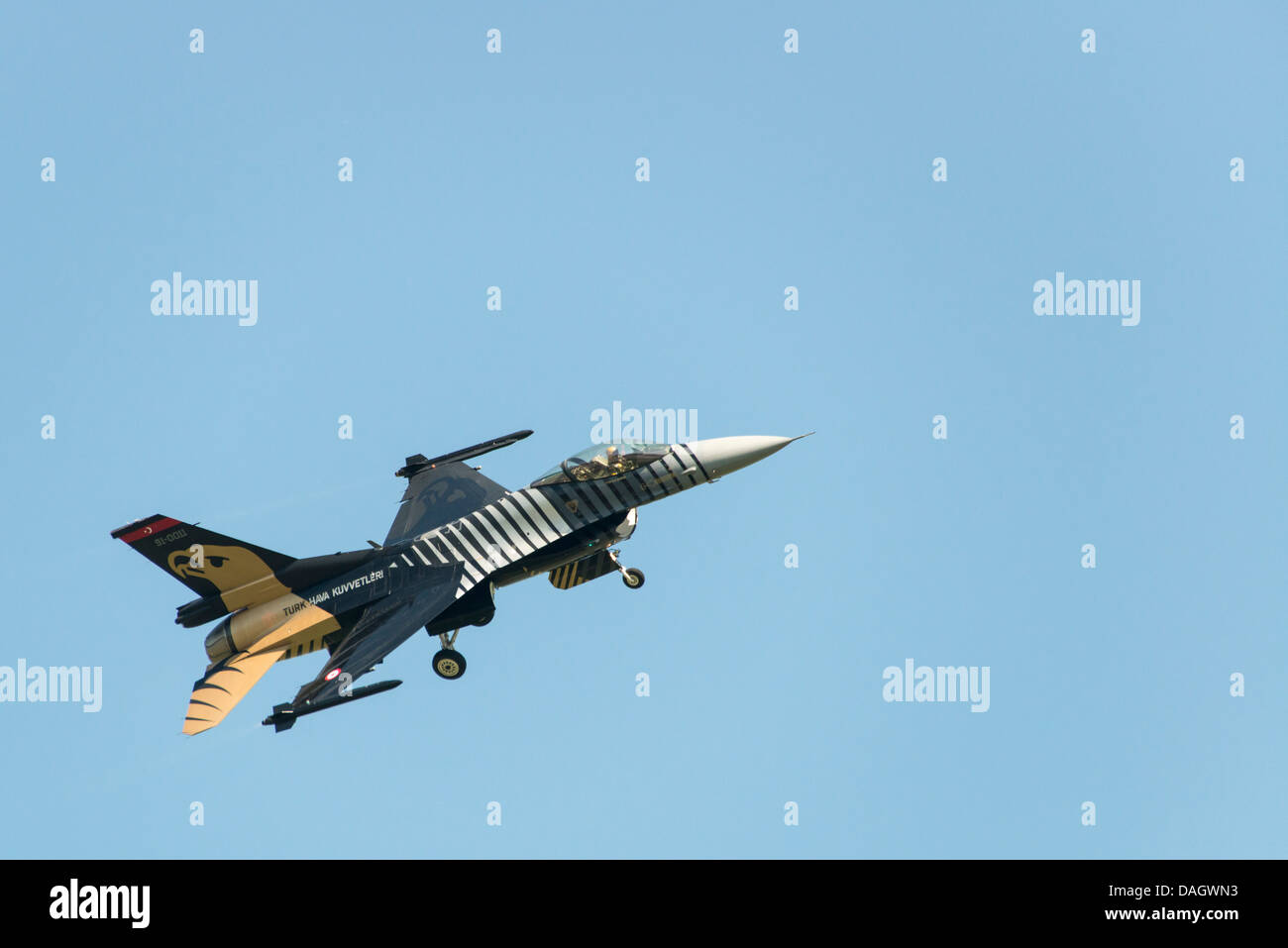Turkish Air Force Solo Demonstration F-16 Fighter jet displays at the 2013 RAF Waddington Air Show. Stock Photo