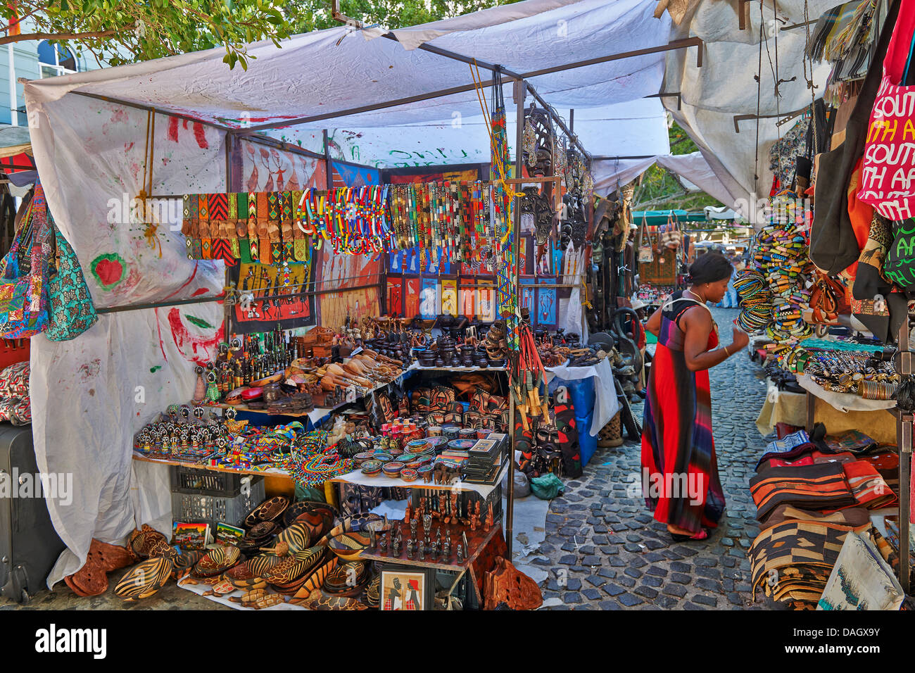 market stalls with crafts and souveniers on Greenmarket Square, Cape Town, Western Cape, South