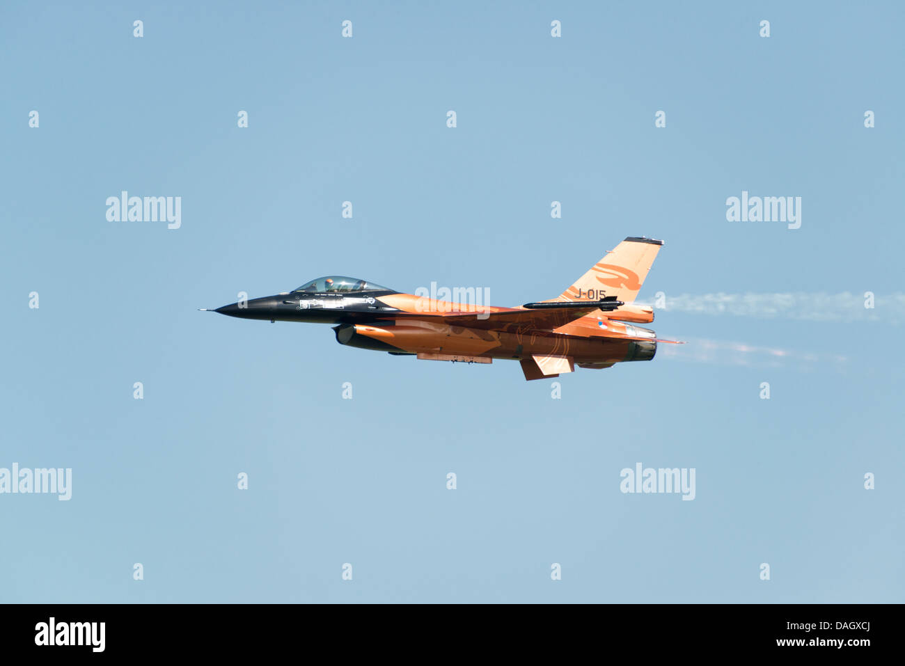 Lockheed Martin F-16 fighter jet of the Royal Netherlands Air Force demonstration team flys at the Waddington Air Show Stock Photo