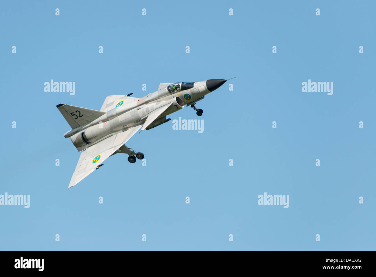 Swedish Saab 37 Viggen historic fighter attack aircraft gives an excellent display at the 2013 Waddington Airshow Stock Photo