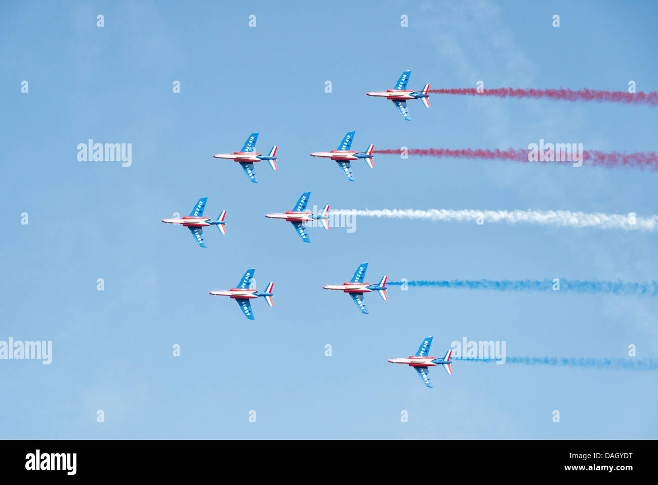 The national display team  for the French Air Force, La Patrouille de France in their Alpha Jet Es fly at the Waddington Airshow Stock Photo