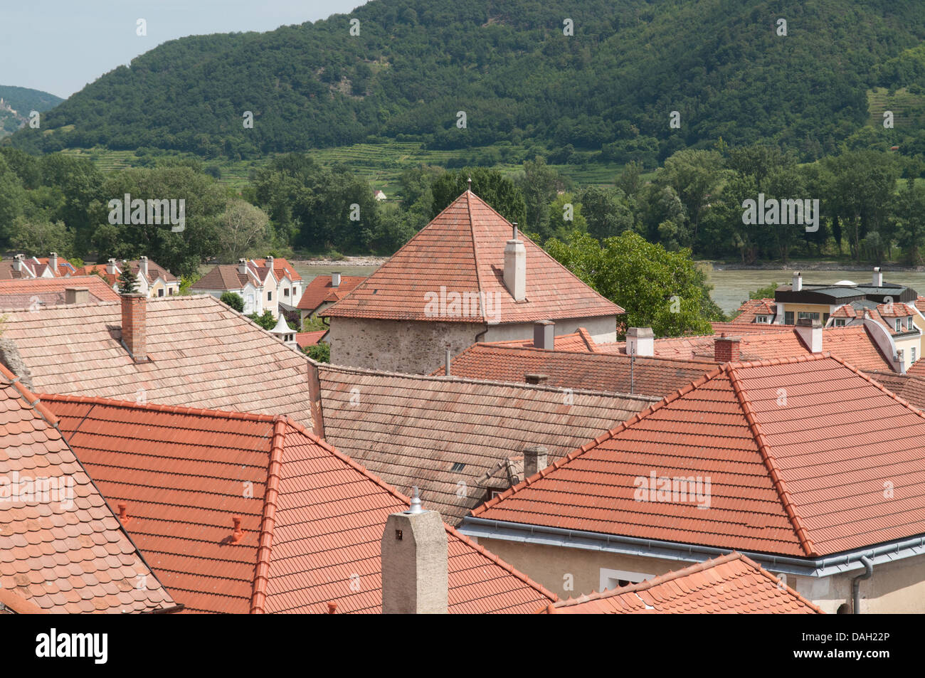Tile roofs at Weissenkirchen in der Wachau in the Danube valley, Lower Austria. Stock Photo