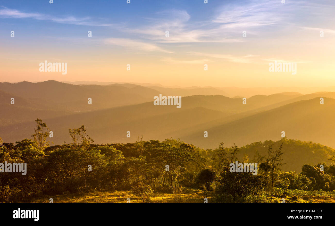 Sunset over the Cardamom Hills near Periyar wildlife sanctuary, Kerala ...