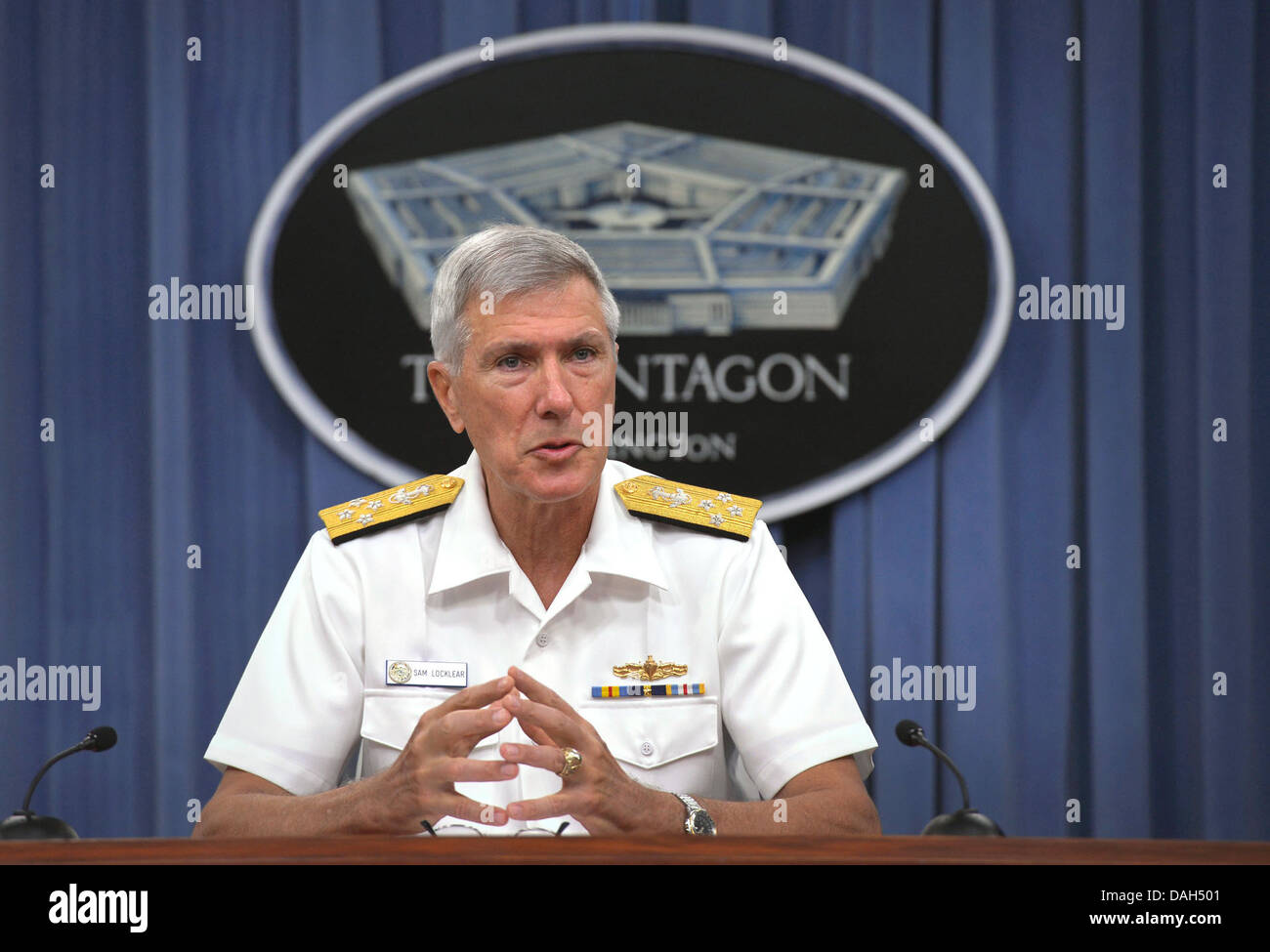 Commander, U.S. Pacific Command Adm. Samuel J. Locklear III briefs the media on recent activities in the Asia-Pacific region at Stock Photo