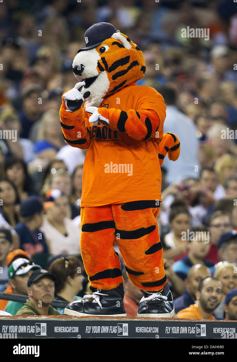 July 10, 2013 - Detroit, Michigan, United States of America - July 10, 2013: Detroit Tigers mascot Paws performs during MLB game action between the Chicago White Sox and the Detroit Tigers at Comerica Park in Detroit, Michigan. The Tigers defeated the White Sox 8-5. Stock Photo