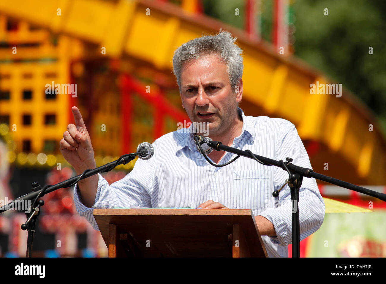 Kevin Maguire speaking at the 129th Durham Miners Gala at Durham, England. Maguire is a Daily Mirror associate editor and New Statesman columnist. Stock Photo