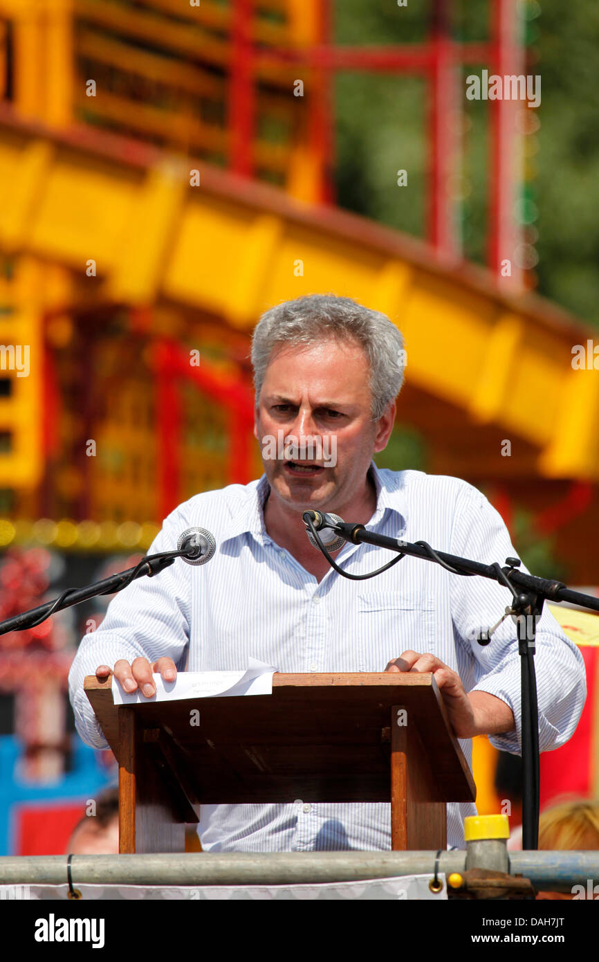 Kevin Maguire speaking at the 129th Durham Miners Gala at Durham, England. Maguire is a Daily Mirror associate editor and New Statesman columnist. Stock Photo