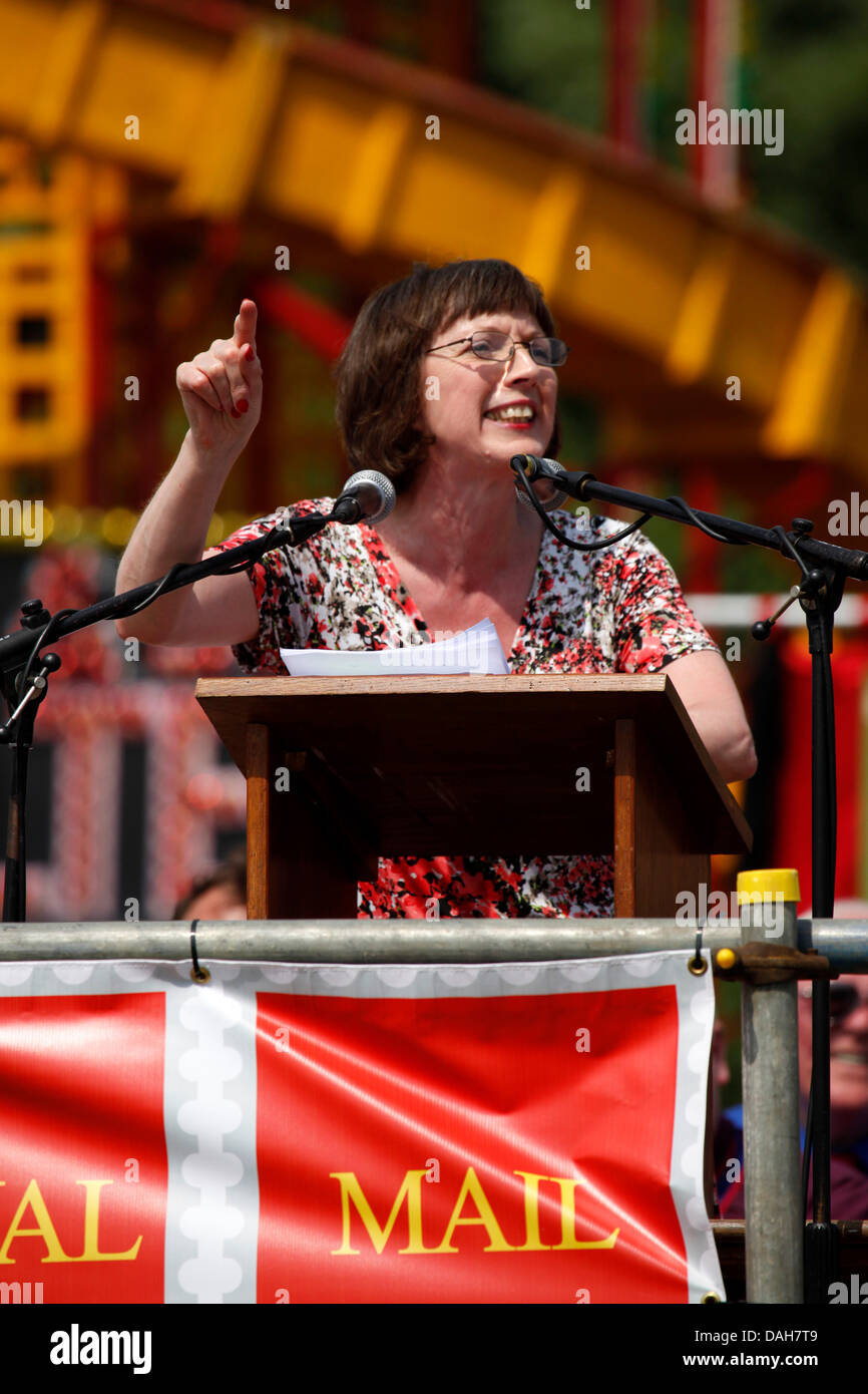 TUC General Secretary Frances O'Grady speaking at the 129th Durham Miners Gala at Durham, England. O'Grady is the first woman to lead to the Trades Union Congress. Stock Photo