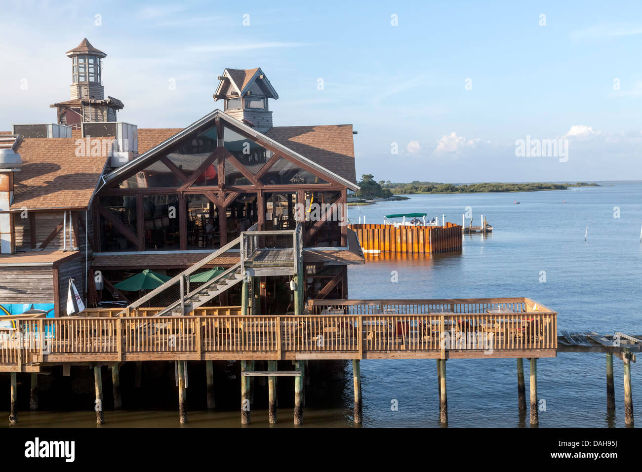 Quaint Seabreeze waterfront stilt restaurant along Dock Street in Cedar