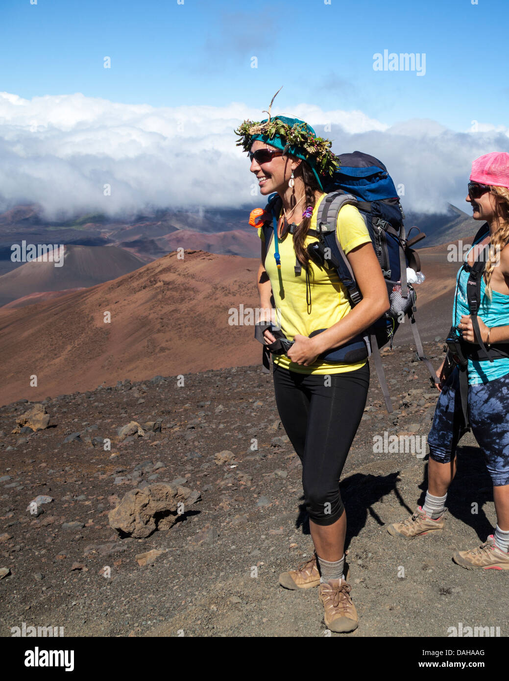 Hikers on the Sliding Sands Trail at Haleakala National Park on Maui Stock Photo