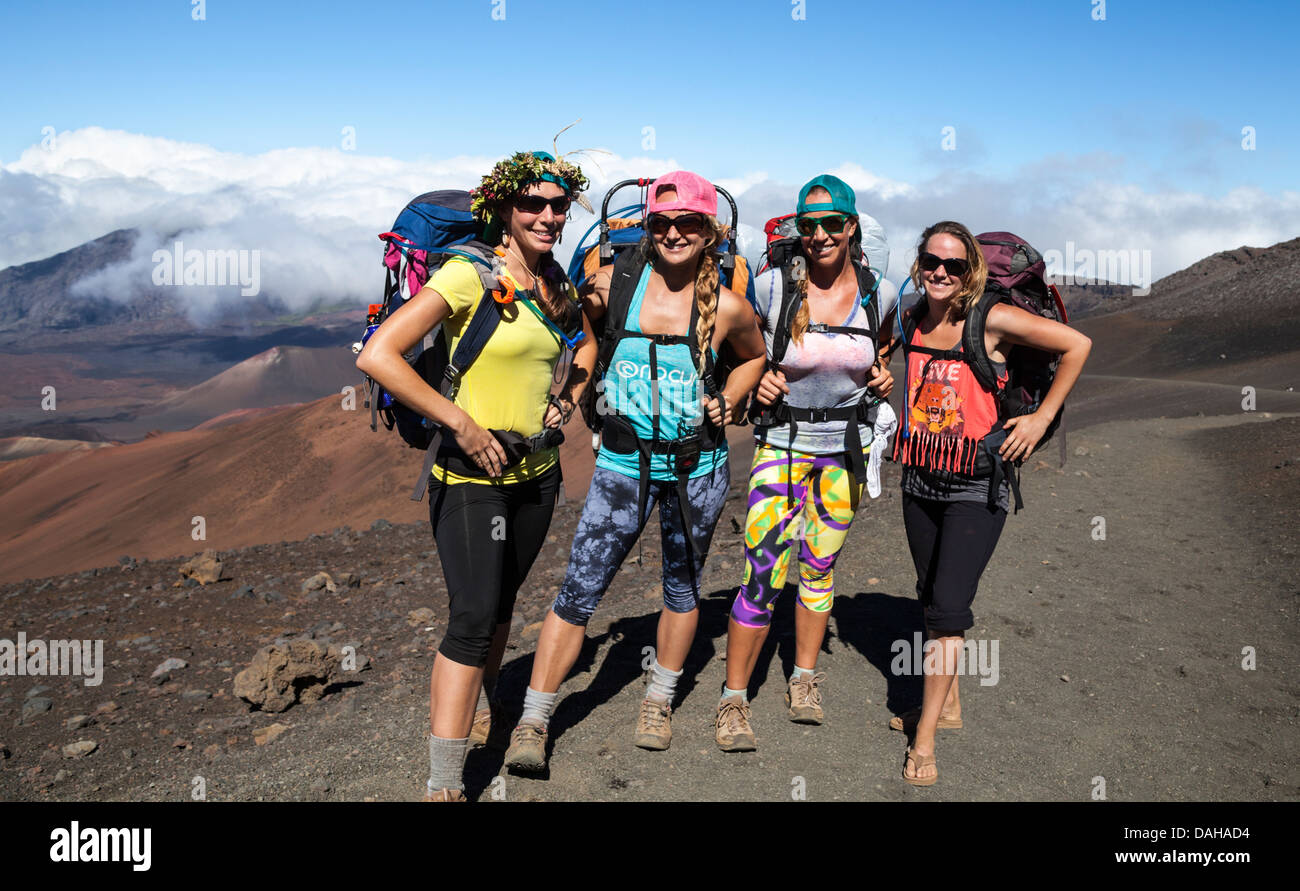 Friends on the Sliding Sands Trail at Haleakala National Park on Maui Stock Photo