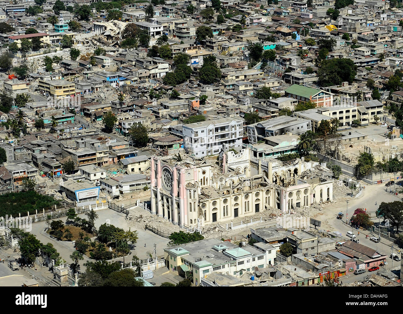 Aerial view of the Cathedral of Our Lady of the Assumption destroyed in the 7.0 magnitude earthquake that killed 220,000 people January 28, 2010 in Port-au-Prince, Haiti. Stock Photo