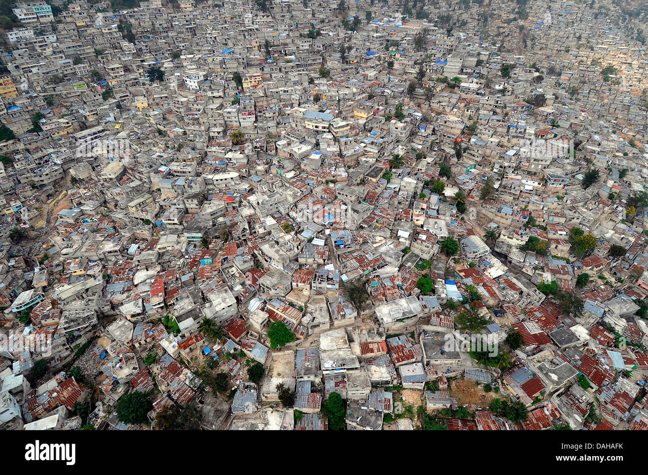 Aerial view of damaged buildings in the aftermath of a 7.0 magnitude earthquake that killed 220,000 people March 16, 2010 in Port-au-Prince, Haiti. Stock Photo