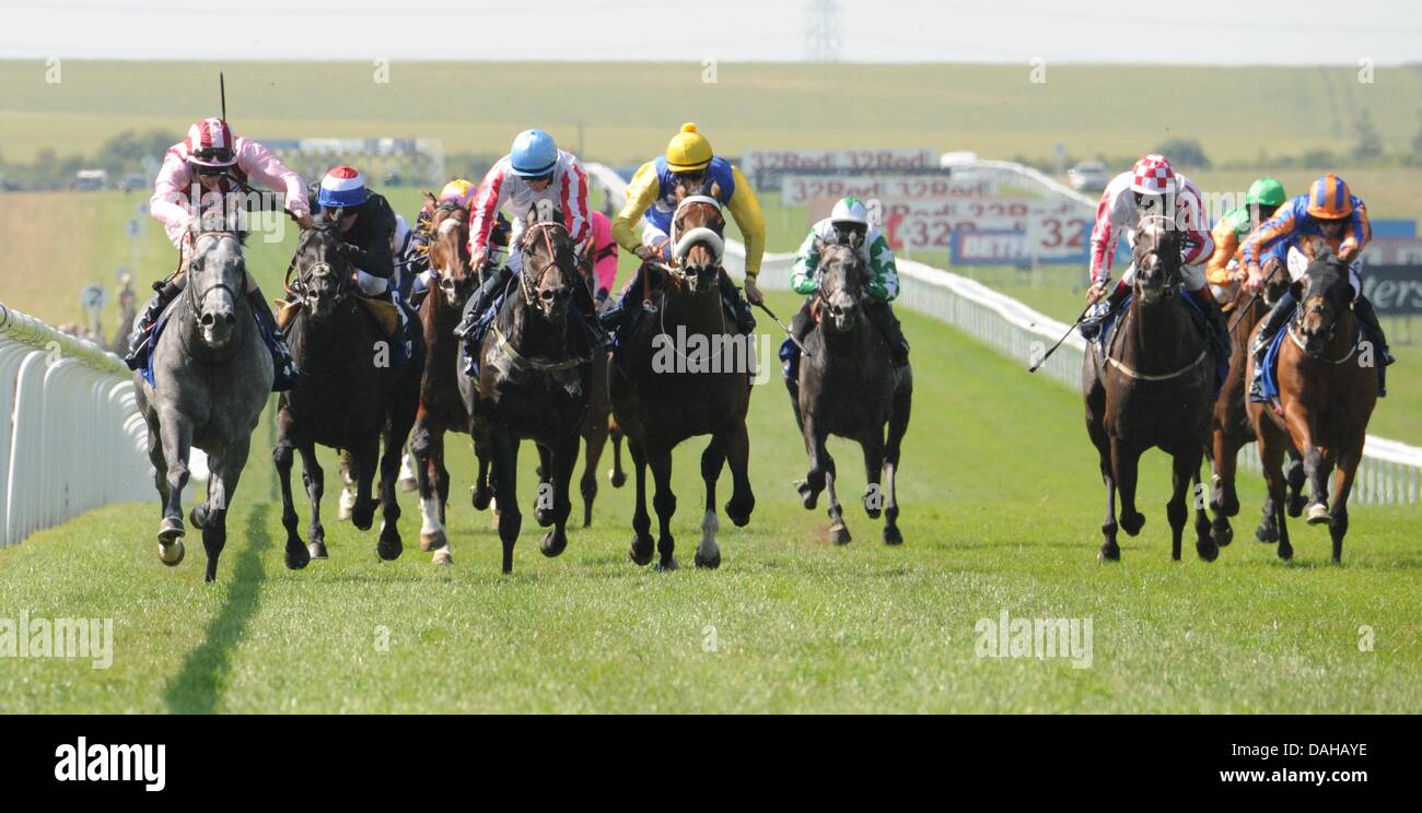 Newmarket, Suffolk, UK. 13th July, 2013. Lethal Force (no. 4, far left)), ridden by Adam Kirby and trained by Clive Cox, wins the group 1 July Cup for three year olds and upward on July 13, 2013 at Newmarket Racecourse in Newmarket, Suffolk, United Kingdom. Credit:  Bob Mayberger/Eclipse/ZUMAPRESS.com/Alamy Live News Stock Photo
