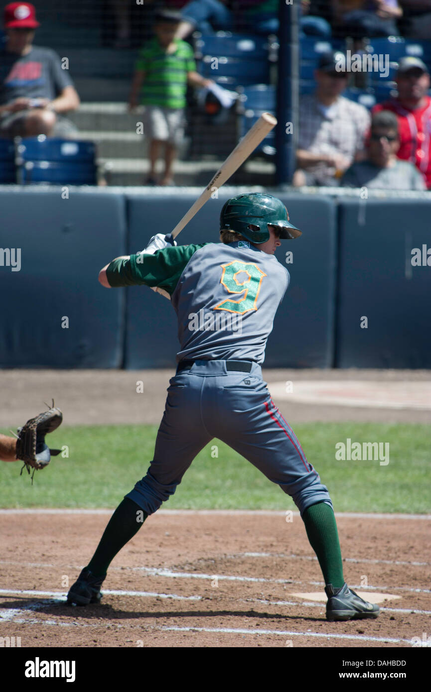 Vancouver, Canada. 12th July, 2013. Trevor Gretsky # 9 (Son of Wayne Gretsky) playing at Season home game between Vancouver Canadians and Boise Hawks at Scotiabank Field at Nat Bailey Stadium Vancouver , British Columbia Canada on July 12 2013 . Photographer Frank Pali Credit:  Frank Pali/Alamy Live News Stock Photo