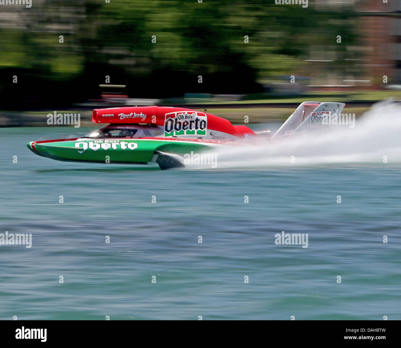 Detroit, MI, USA. 13th July, 2013. Steve David (1) pilots his Oh Boy! Oberto boat past the Detroit shoreline during heat 1a on the Detroit River on July 13, 2013 in Detroit, Michigan. Tom Turrill/CSM/Alamy Live News Stock Photo