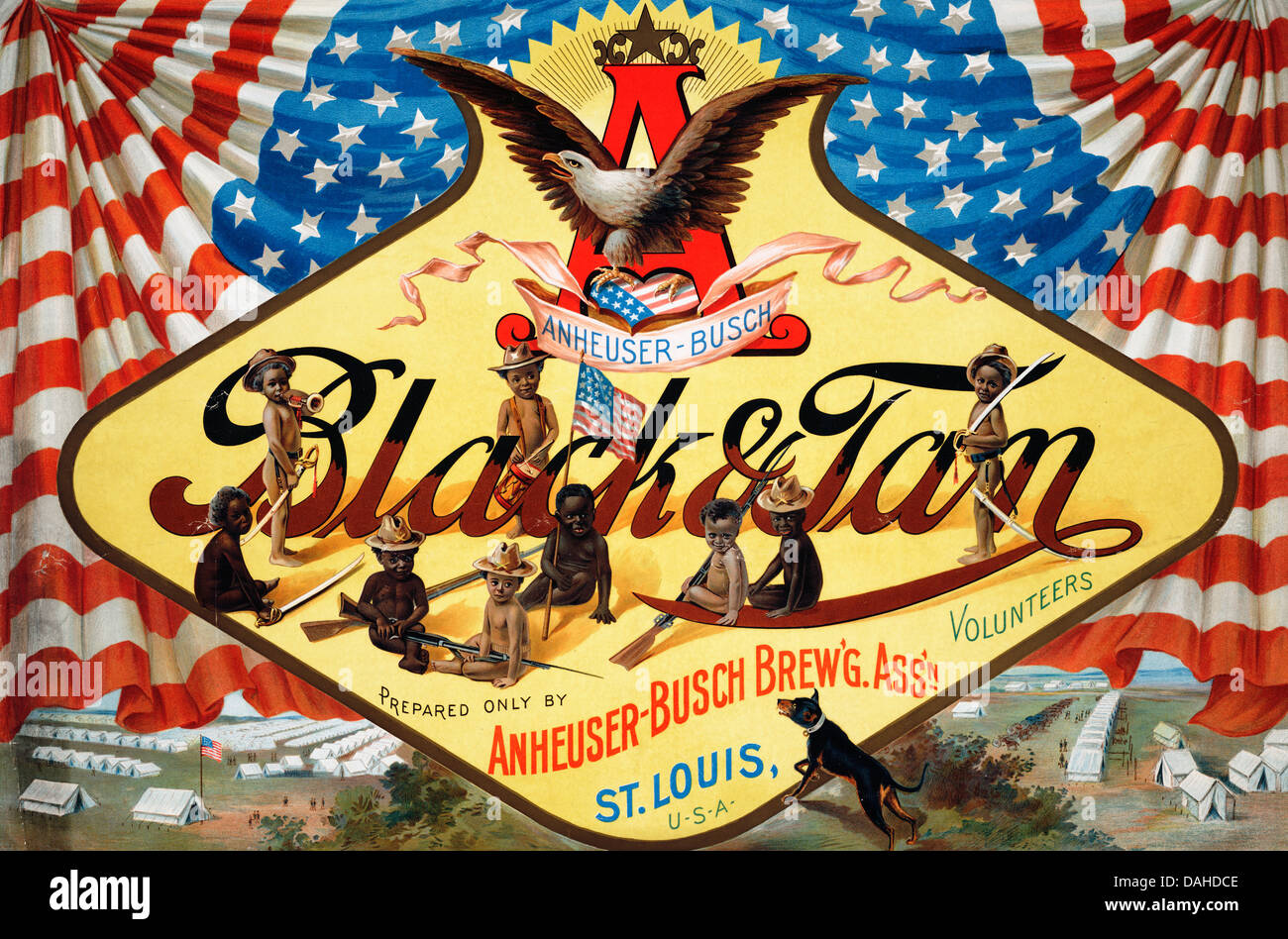 Anheuser-Busch black & tan prepared only by Anheuser-Busch brewing association - Beer advertisement showing African-American children of light and dark complexions wearing confederate hats and holdings swords and rifles like soldiers; the beer logo overlays the American flag while a military camp is seen in the background. 1899 Stock Photo