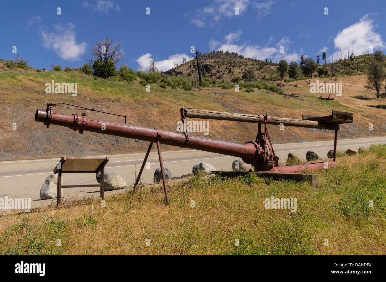 Weaverville California United States.  A monitor or hydraulic cannon used to wash away gold bearing material in hydraulic mining Stock Photo