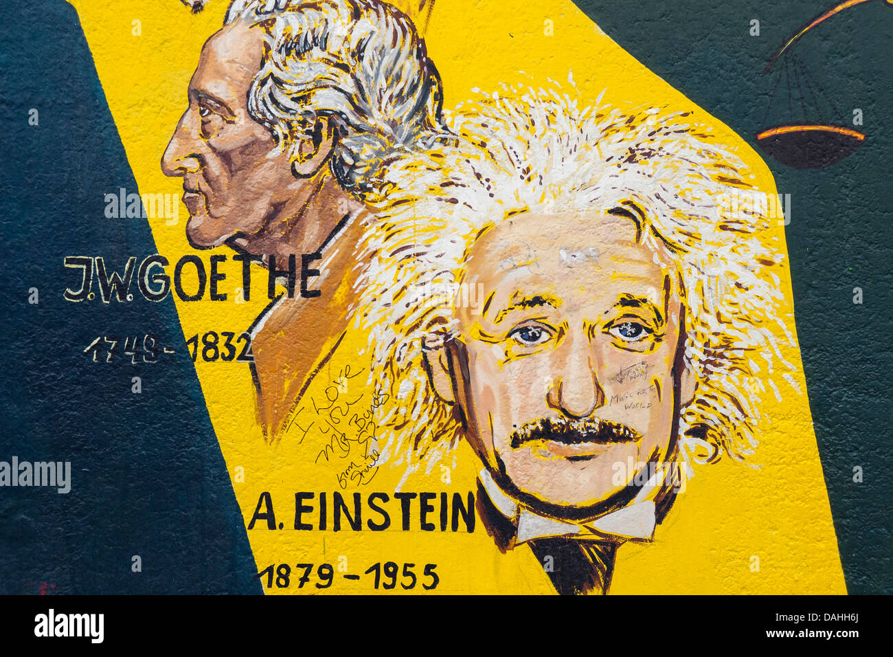 Justitia painting with Portraits of Einstein and Goethe by Klaus Niethardt, East Side Gallery, Berlin Wall, Germany Stock Photo