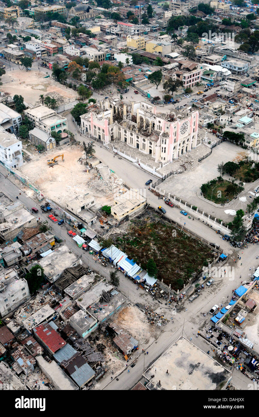 Aerial view of the Cathedral of Our Lady of the Assumption destroyed in the 7.0 magnitude earthquake that killed 220,000 people March 16, 2010 in Port-au-Prince, Haiti. Stock Photo