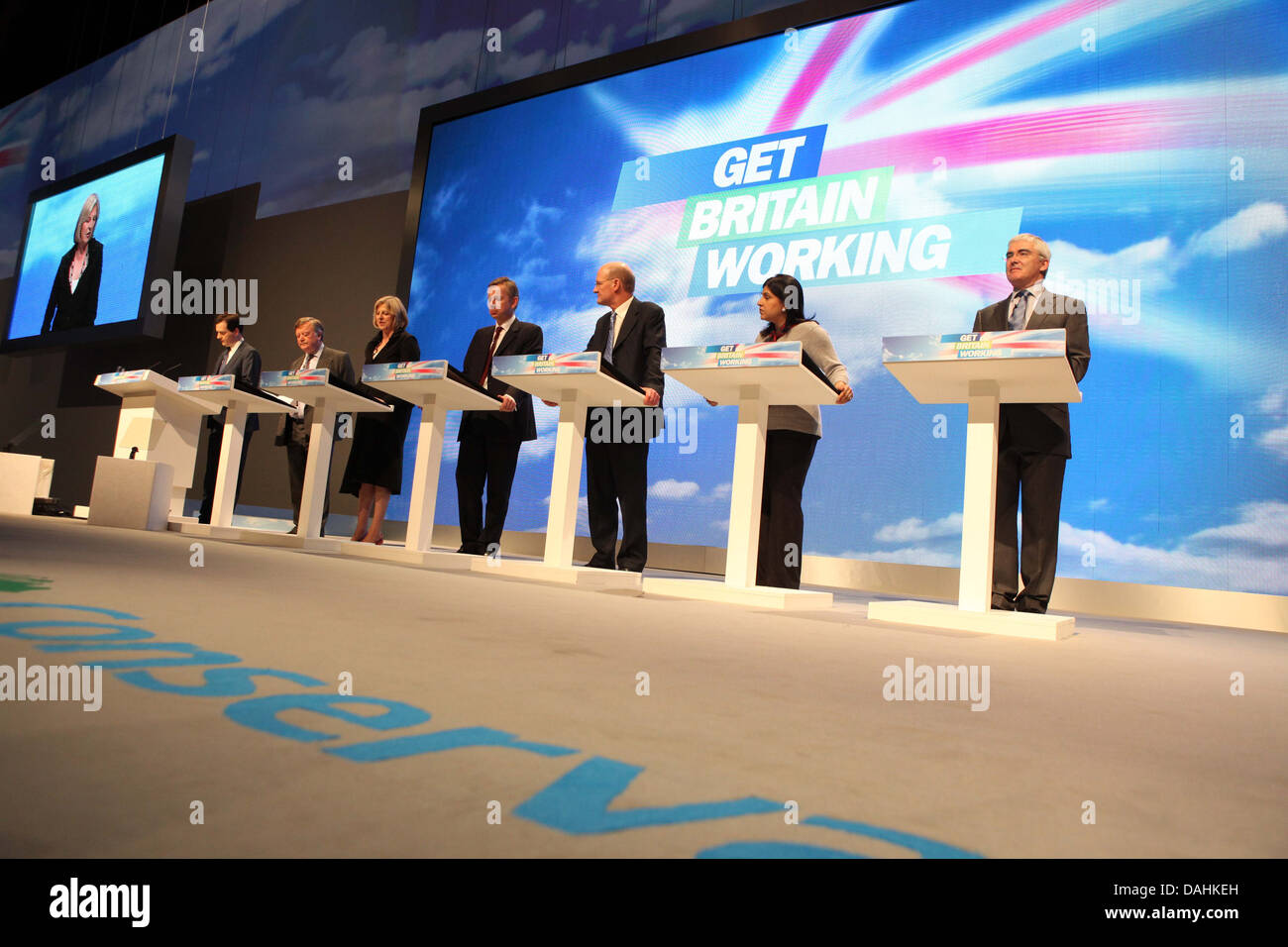 L-R George Osborne , Kenneth Clarke , Teresa May , Michael Gove , David Willetts , Sayeeda Warsi and David Freud Stock Photo