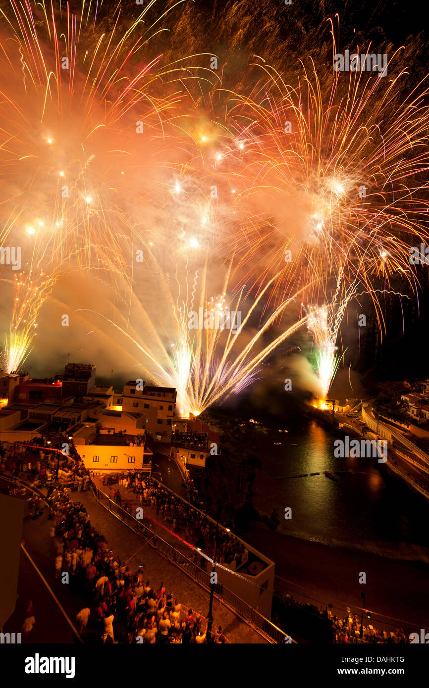 Tenerife, Canary Islands, Spain. 13th July, 2013. Fiesta de Carmen fireworks in Puerto Santiago, composite images showing the firework display put on for the annual fiesta for Nuestra Senora del Carmen, patron of the fishermen, in Puerto santiago, Tenerife, Canary Islands, Spain. Credit:  Phil Crean A/Alamy Live News Stock Photo