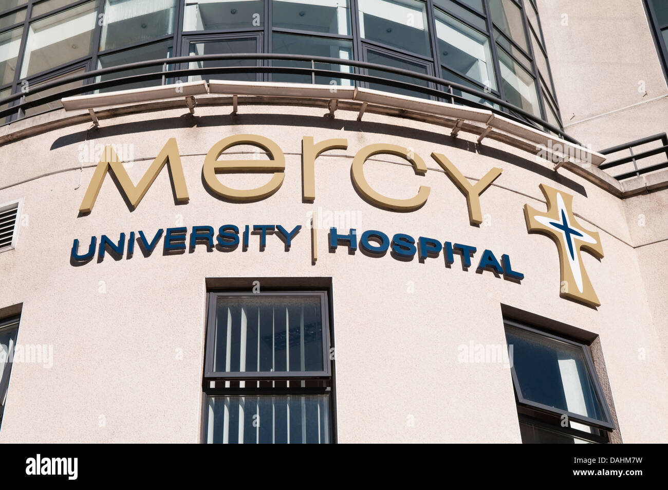Sign on the modern extension of  Mercy University Hospital, Cork, Ireland Stock Photo