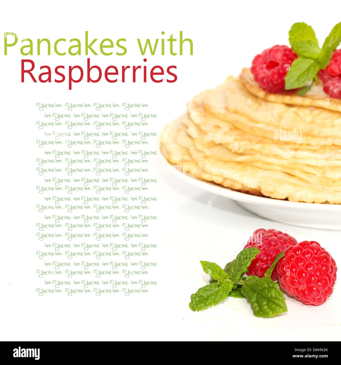 Sweet pancakes with fresh raspberries on white background Stock Photo